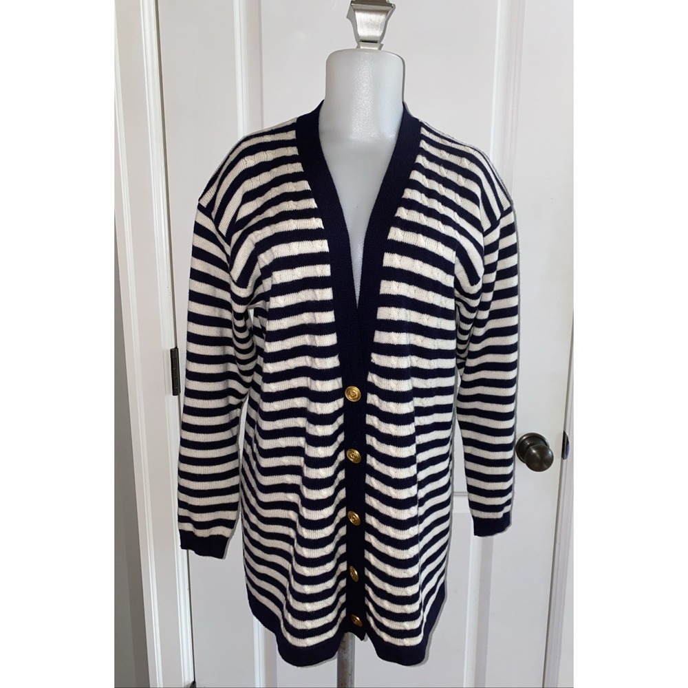 Classiques Nordstrom Merino Wool Ivory Navy Striped Cardigan Sweater Size Large